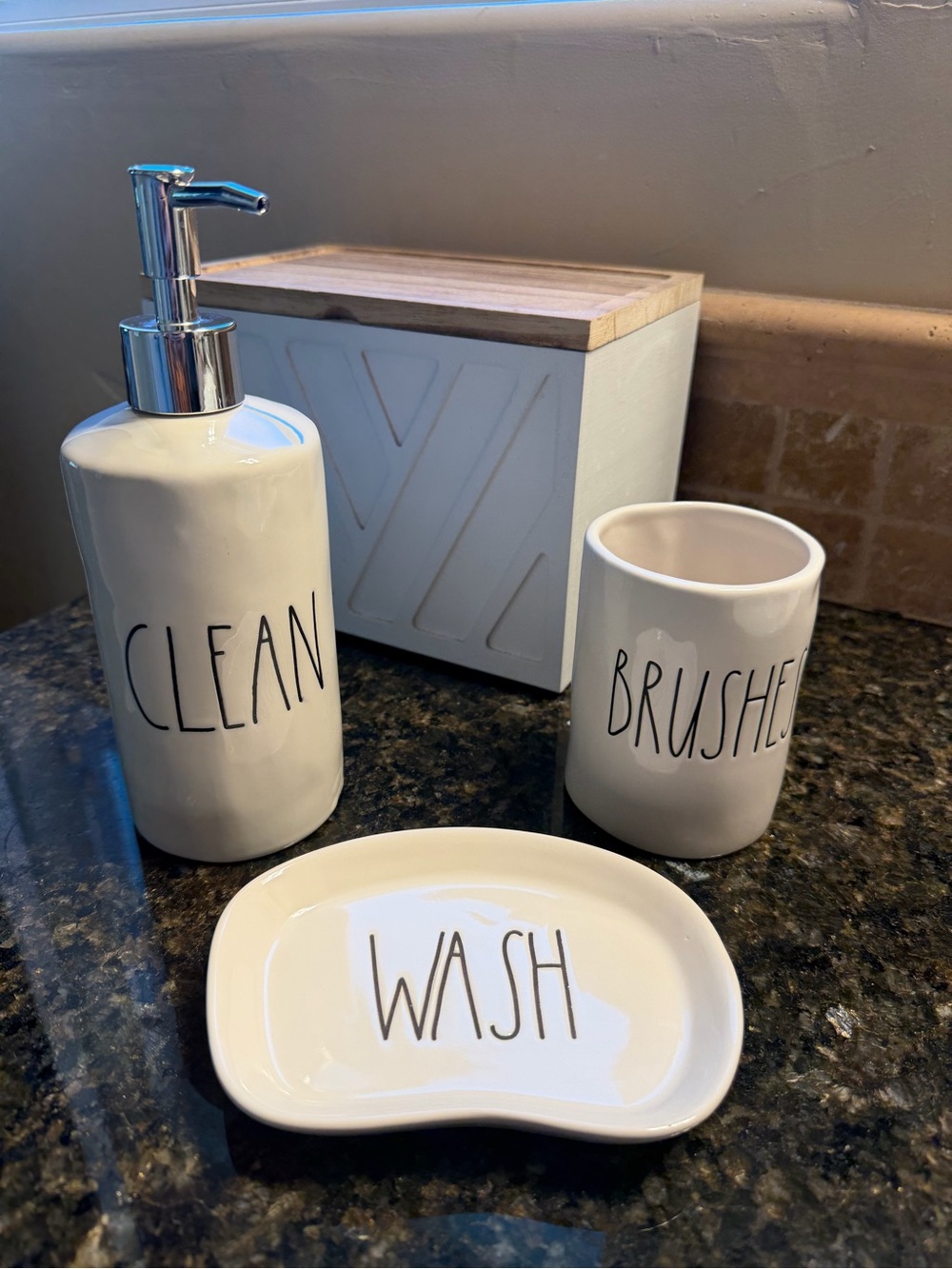 Rae Dunn White Ceramic Bath Accessory Set - Clean, Brushes, Wash